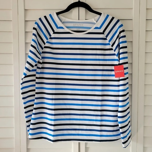 Spanx Ocean Stripe Coastal Blue Long Sleeve Swim Shirt Top Size M NWT - Picture 1 of 8